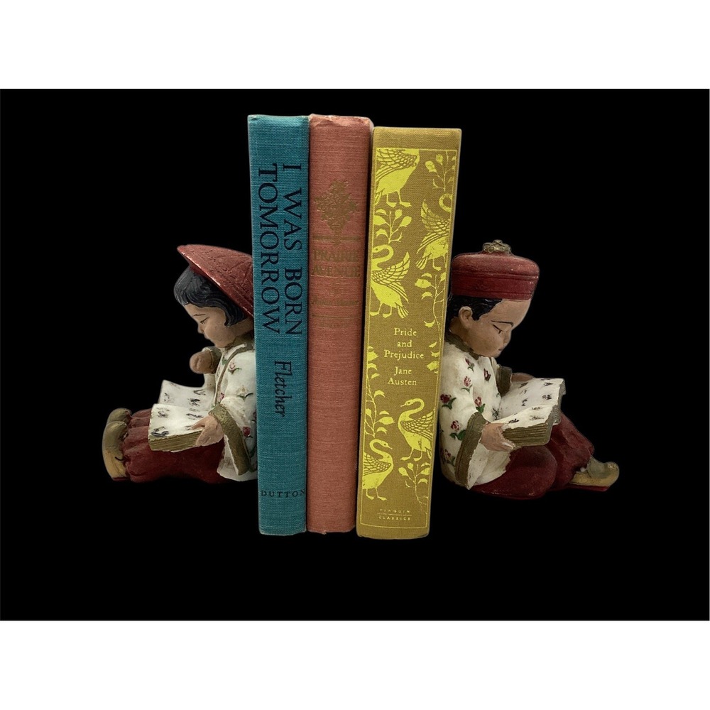 Vtg 1950's Chinese Salt Stone Set Children 3" Reading Books Bookends Figures